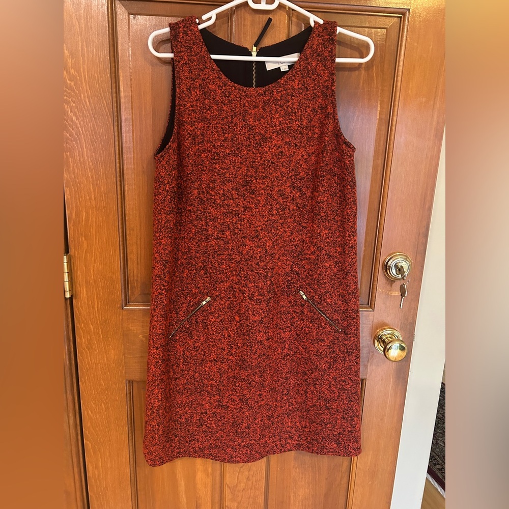 LOFT Red Textured Sleeveless Shift Dress with Zip Pockets